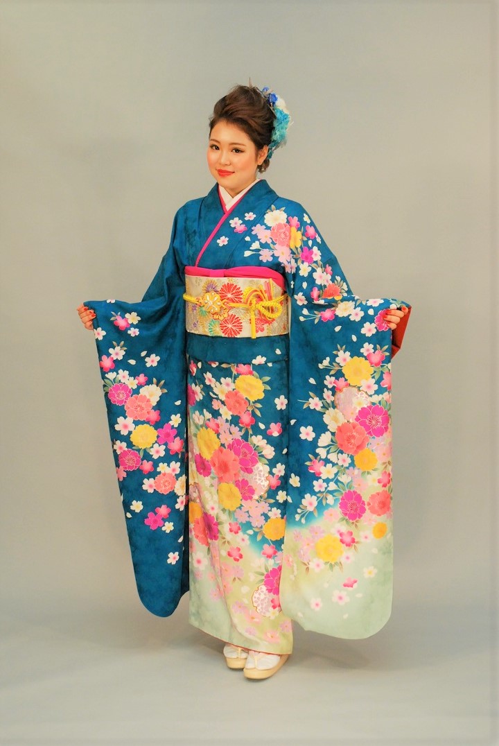 孔雀緑八重桜文様 レンタル 着物＆レンタル つむぎや